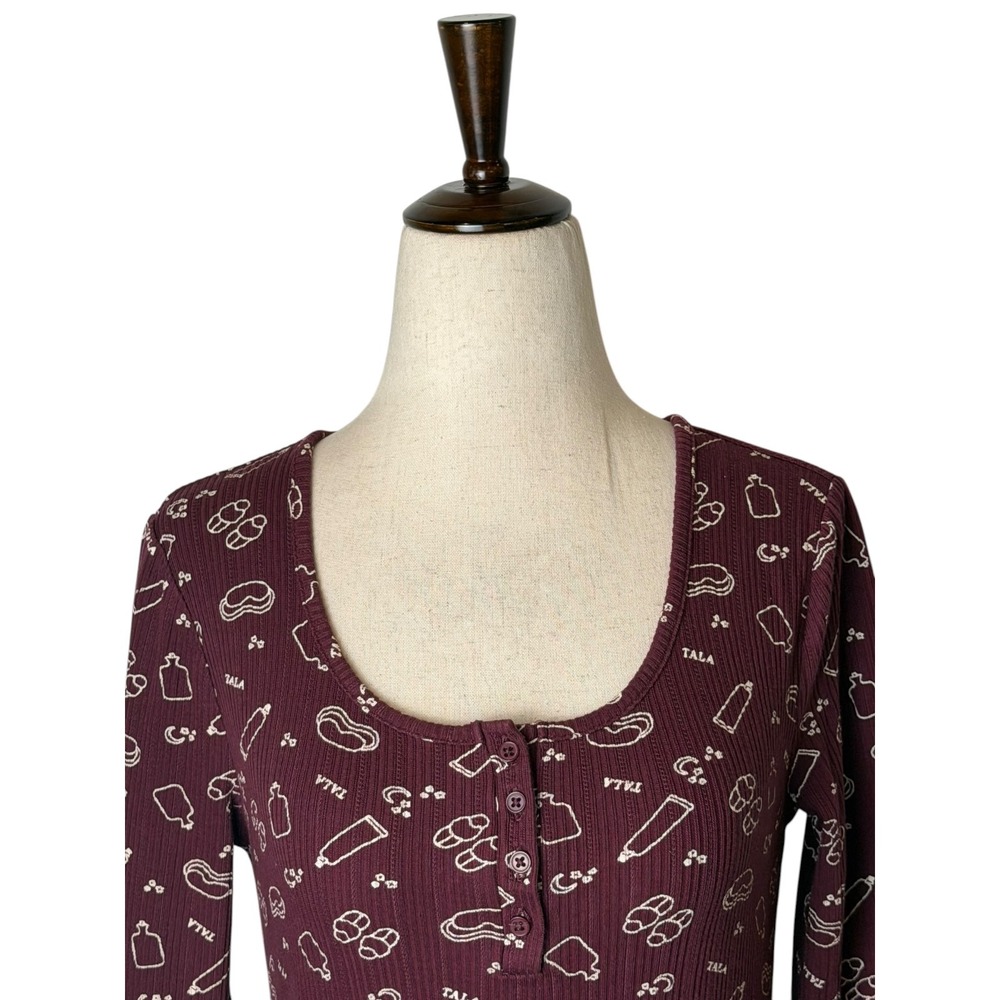 Tala Sleepwear Henley Women Small Port Burgundy Ribbed Lettuce Hem Pajama Top - Picture 4 of 10